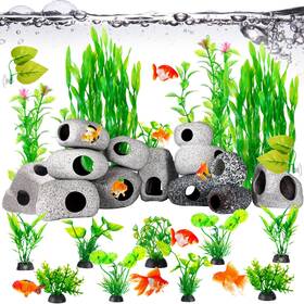 Gejoy B0c3vr3r8j 28 Pcs Aquarium Decor Cave Fish Tank Accessories Green Plants Included