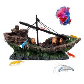 Hygger Co2 Hc032/038 Big Ship Aquarium Decoration Resin - Large Weathered Sunken Shipwreck With Sm