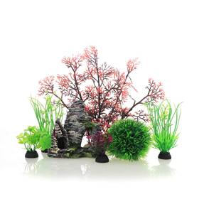 Jih B08rf25f4t Aquarium Fish Tank Plastic Plants And Cave Rock Decor Set - 7 Pieces