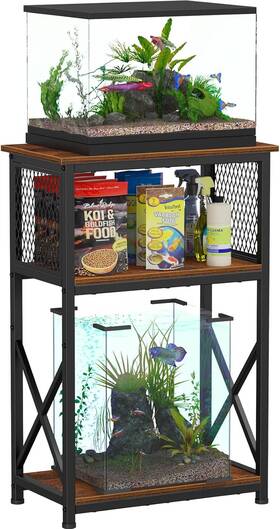 Snughome 445031670649 Fish Tank Stand-10 Gallon 3-tier Metal Shelf With Storage Rustic Brown
