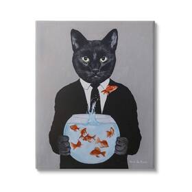 Stupell Industries 196216558234 Black Cat Fashion Suit Goldfish Jumping Fishbowl Painting Design By Coco De