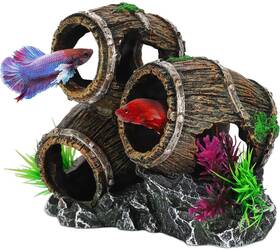 Uneak B09dp1kbsv Aquarium Decor 3 Stacked Broken Barrels Fish Tank Ornament