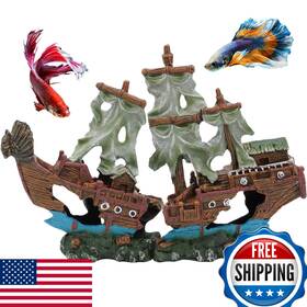 Uneak B0cjx1zy7w Small Pirate Shipwreck Aquarium Decoration Ornament With Sail - 2 Pcs