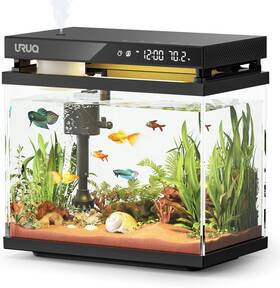 Uruq 445052270248 Smart Aquarium Kit Fish Tank 2 Gal Uhd Glass Self Cleaning Pump Temp Monitor Blk
