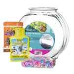 1 Gallon Glass Fish Bowl Starter Kit With Colorful Gravel, Food, And Water. Fixed Price $17.48.