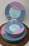 Unique 1980S Style Plate Set 4 Dinner Salad Blue Pink Highlights. Fixed Price $42.75.