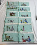 Vintage Cross Stitched Napkins Mixed Arabian Designs Fringed Edge Aqua Unique. Fixed Price $18.75.