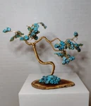 Wire Sculpture Bonsai Tree Aqua Blue Small Slice Rosy Goldtone. Fixed Price $38.99.